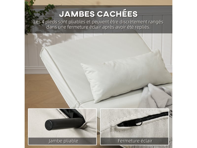  Canapé-lit 1 place avec dossier réglable, coussin inclus et pieds charge pliables 120 kg blanc  - Conforama R