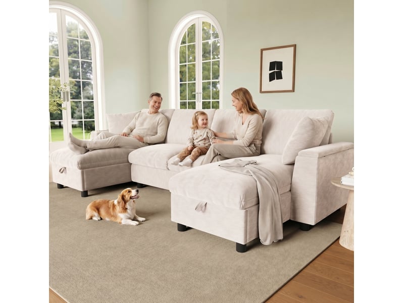  Canapé en u 279x135x84 cm avec rangement, 1 port usb et 1 port type-c, chenille, beige  - Conforama D