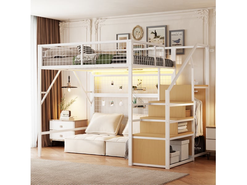  Lit mezzanine 140x200 cm avec escalier, rangements et led pilotées par application blanc  - Conforama B