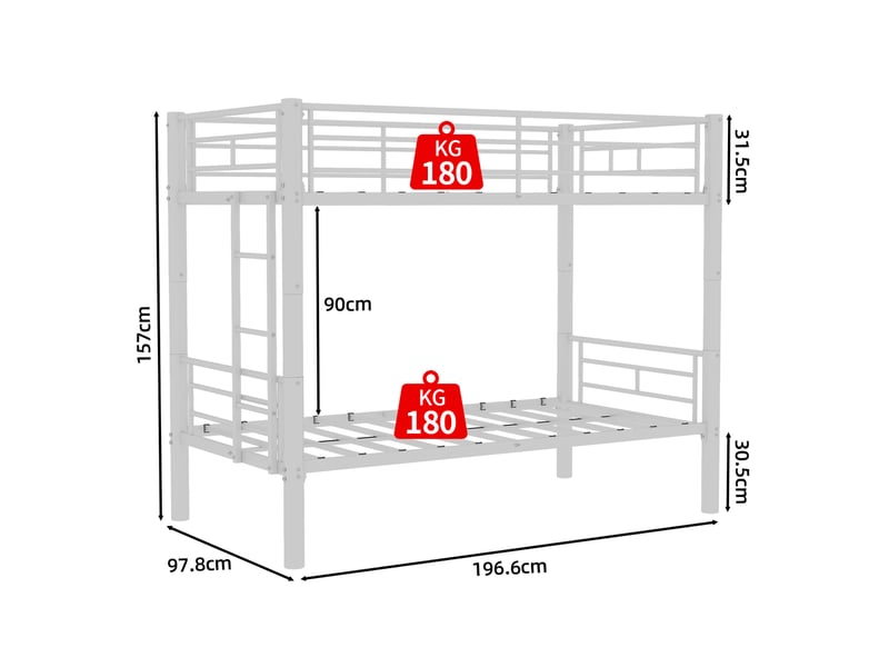  Lit superposé enfant 90x190 cm en métal convertible en 2 lits simples-échelle et barrières de sécurité-blanc  - Conforama C