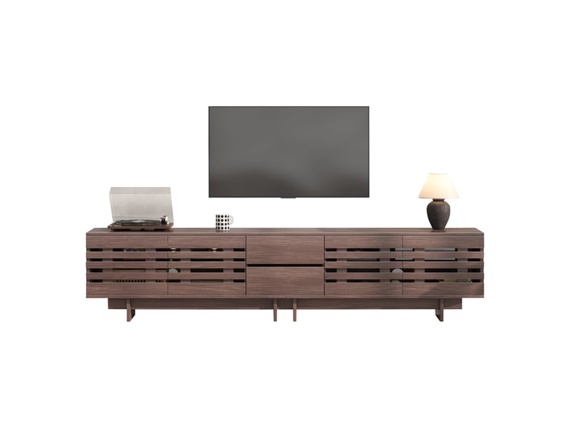  Meuble tv 200 cm avec rangement, 4 portes et 2 tiroirs, design noyer à lamelles pour salon moderne  - Conforama A