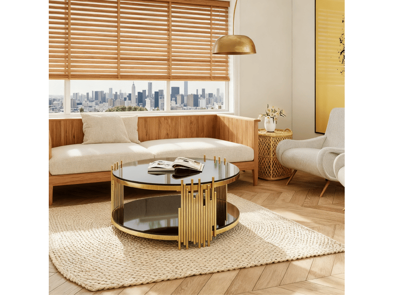 Table basse ronde en verre trempé avec 2 niveaux et structure en acier inoxydable pour salon bicolore noir et or - Conforama D