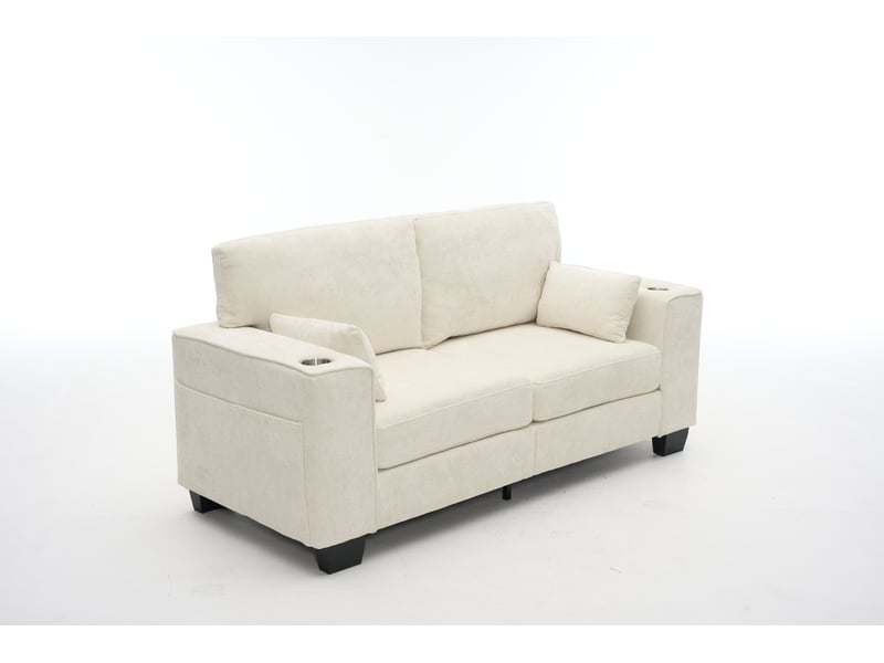 Canapé droit 2 places avec porte gobelets, poches latérales et assise profonde en tissu chenille beige - Conforama A