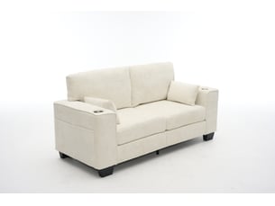 Canapé droit 2 places avec porte gobelets, poches latérales et assise profonde en tissu chenille beige