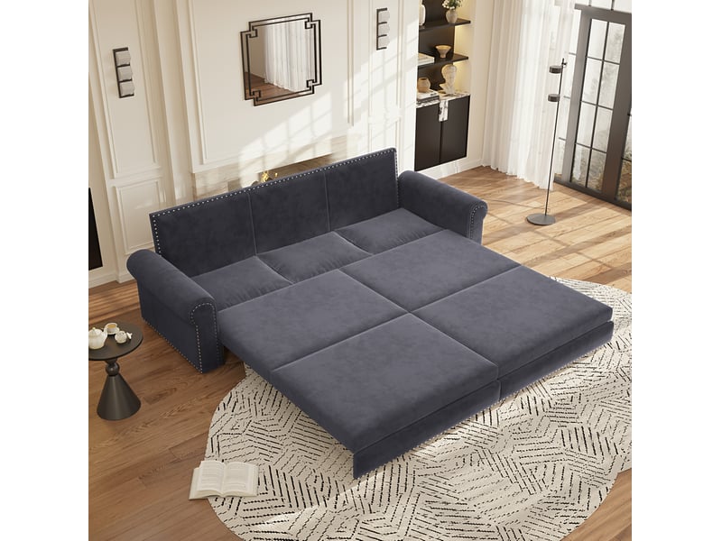  Canapé-lit 3 places convertible 238x90x98 cm – gris – coulissant 3-en-1, velours et accoudoirs roulés  - Conforama D