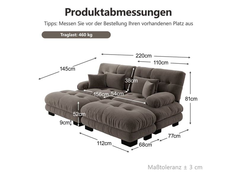  Canapé d’angle modulaire 220x145x81 cm 2 places avec 2 coussins lombaires, 2 coussins décoratifs et 2 poufs mobiles — marron  - Conforama C