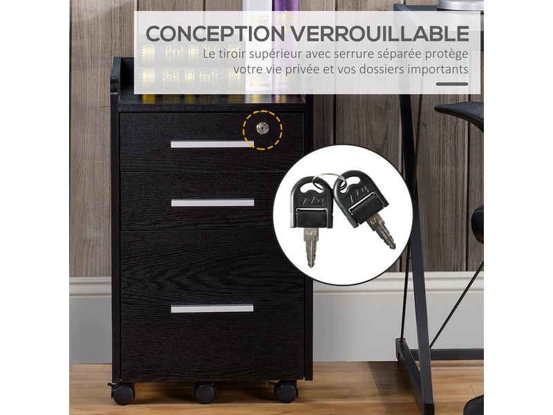  Caisson de bureau rangement bureau sur roulettes 3 tiroirs 1 verrouillable 1 dossiers trieur en bois noir  - Conforama R