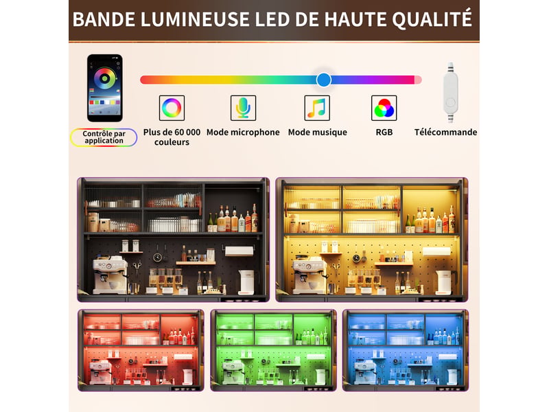  Buffet de cuisine 145x39x171 cm, éclairage éclairage led, avec tiroirs, porte coulissante, meuble de salon, mdf, noir  - Conforama E