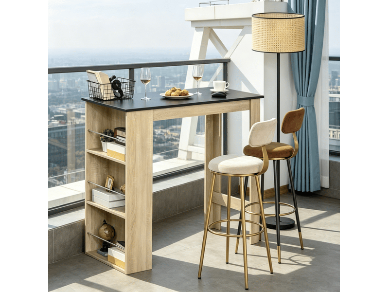 Table de salle à manger haute avec 3 étagères ouvertes, style contemporain, en panneau de particules, noir et chêne  - Conforama E
