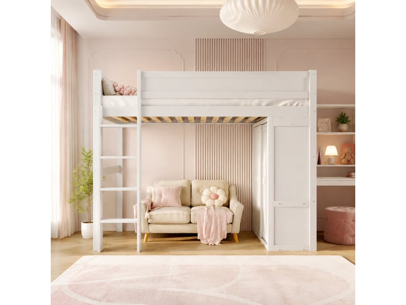  Lit mezzanine enfant 200×90 cm avec armoire, compartiment de rangement et espace ouvert, sans matelas, blanc  - Conforama B