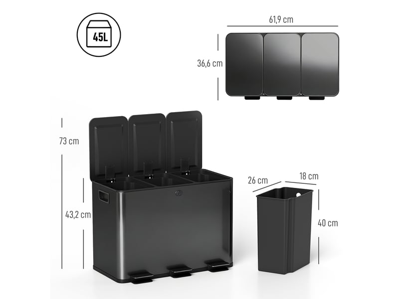  Poubelle de cuisine à pédale 3 compartiments en inox noir 61,9x36,6x43,2 cm  - Conforama C