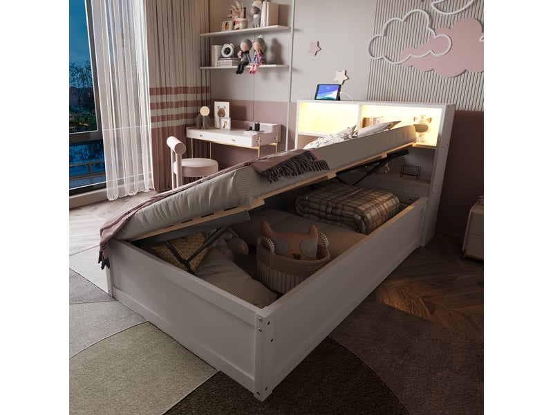 Lit simple 90x200 cm avec led et prise, cadre de lit adulte avec tête de lit de rangement, blanc, lit simple en bois massif  - Conforama D