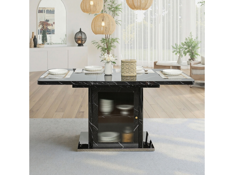 Table à manger extensible 120-160 x 80 cm avec meuble de rangement intégré, plateau mdf effet marbre noir, porte vitrée et base métal  - Conforama C