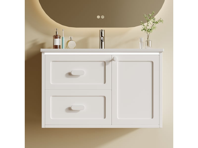 Meuble sous vasque mural 2 tiroirs avec led à capteur radar et vasque en céramique pour salle de bain 76×46×51 cm - Conforama C