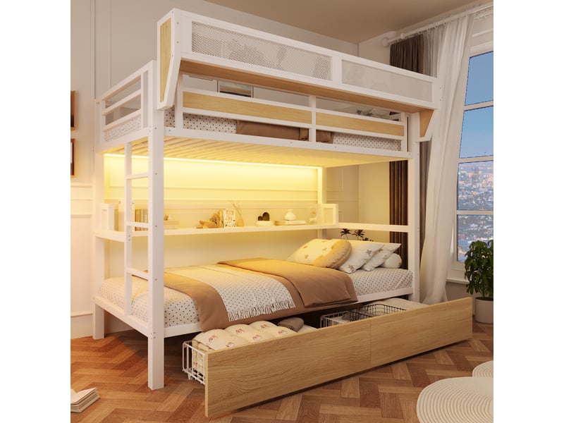 Lit mezzanine 90x200 cm, lit surélevé avec rangement, 2 tiroirs, étagère, panier, led via application, métal (sans matelas), blanc CozyNest - Conforama E