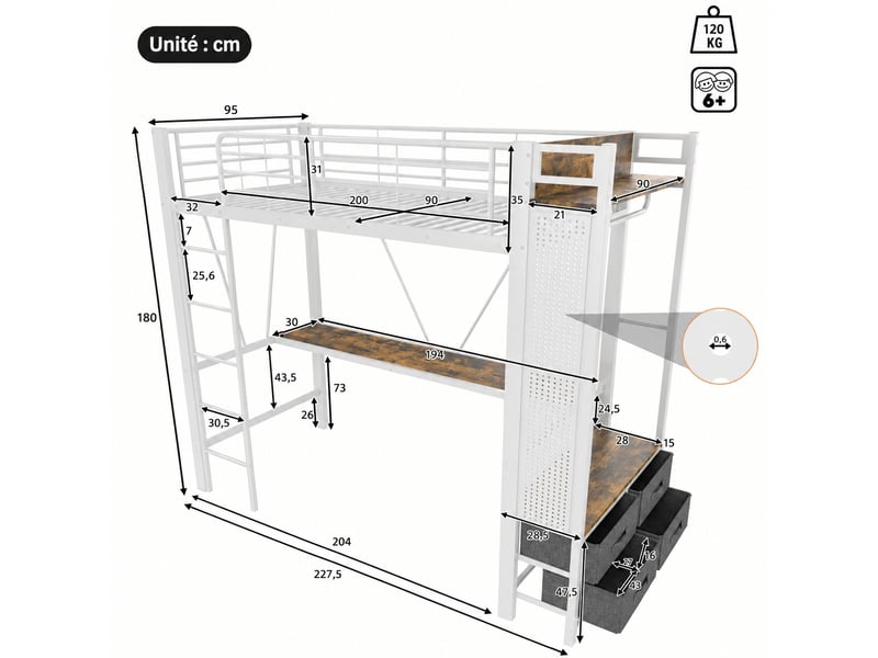  Lit mezzanine blanc 90 x 200 cm avec bureau, en métal et mdf, 4 tiroirs, led et rangements  - Conforama C