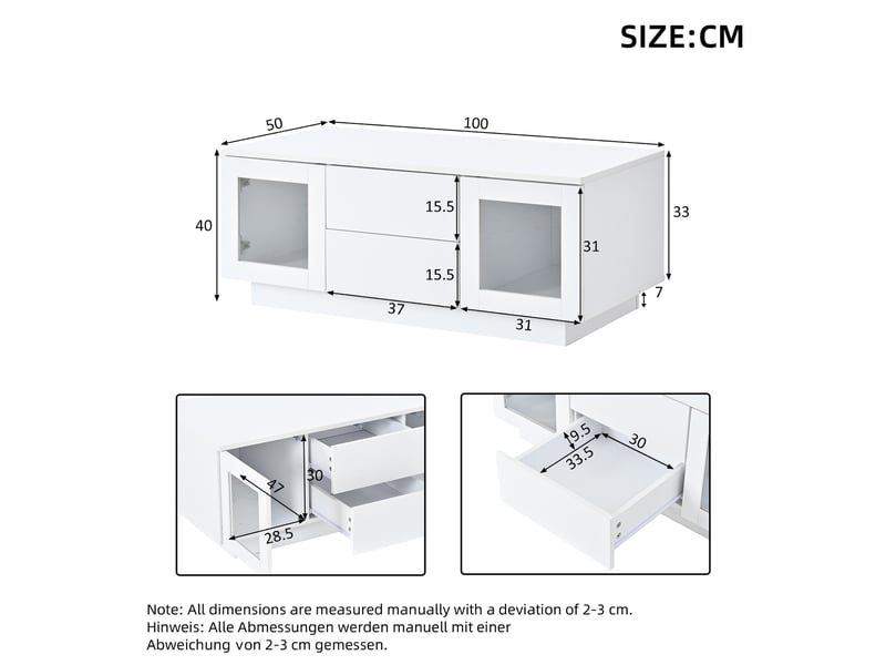  Table basse 100x50x40 cm avec led rgb via appli, 2 tiroirs, 2 portes vitrées, fermeture douce, finition blanc brillant, mdf, pour salon  - Conforama D