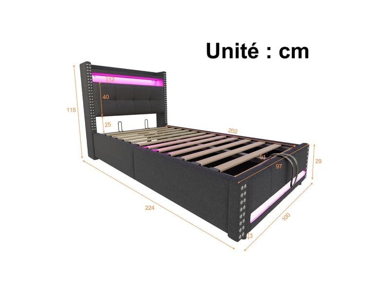  Lit coffre enfant 90×200 cm en tissu gris, lit simple avec led, usb, rangements et relevage, matelas non précisé  - Conforama D
