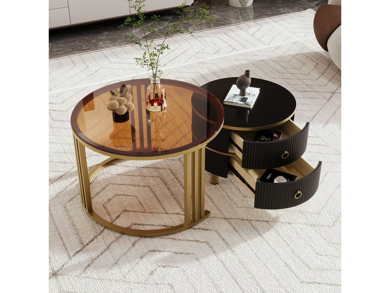  Petite table basse ronde, plateau verre trempé et laqué table basse salon, rangement intégré, ensemble 2 pièces  - Conforama D