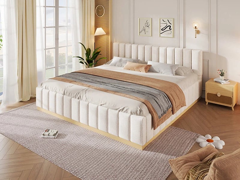  Lit rembourré, lit double, 180 x 200 cm, avec sommier à lattes et tête de lit rembourrée, revêtement en chenille beige  - Conforama B
