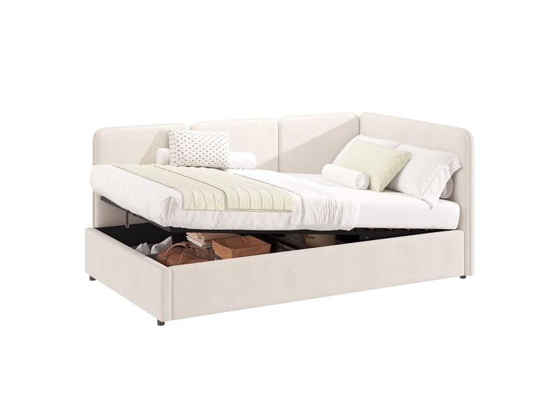 Lit enfant lit simple rembourré 90x200 cm avec rangement hydraulique canapé-lit réversible gauchedroite velours beige OPULERANE TRADING LTD - Conforama A