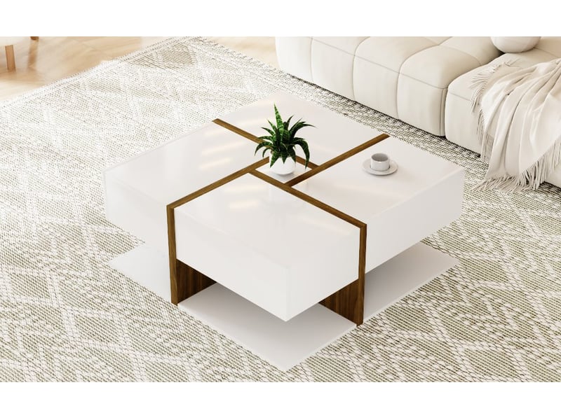  Table basse, avec 4 tiroirs, 78 x 78 x h 34,8 cm, blanc et bois, rangement pratique, structure en panneau de particules, pour votre salon et séjour Luxe haut de gamme - Conforama E