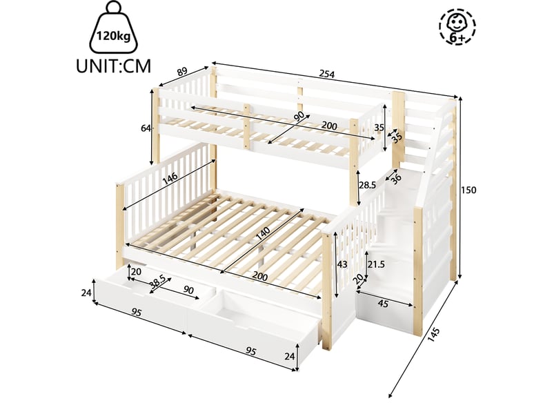  Modenvie lit superposé 90x200 + 140x200 cm - avec tiroirs de rangement, sans matelas - bicolore  - Conforama C