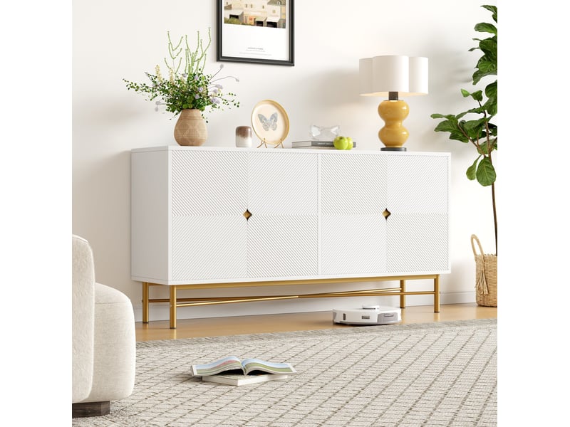  Buffet 160x40x82 cm à 4 portes avec fermeture douce en mdf et panneaux de particules blanc  - Conforama D