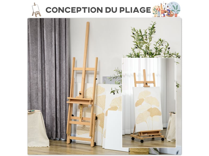  Chevalet d'artiste sur roulettes pliable en bois de hêtre pour toiles à jusqu'à peindre 118 cm bois naturel  - Conforama W