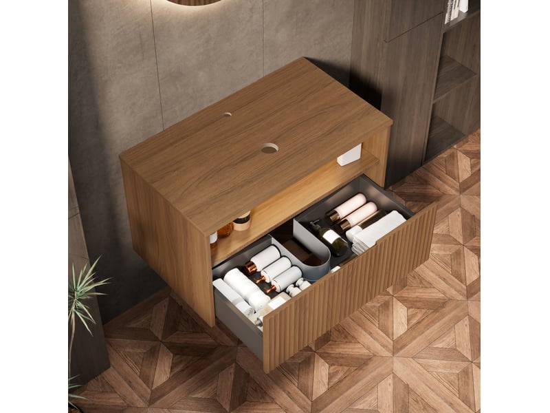  Meuble de salle de bains mural mina 80 cm avec tiroir, marron chêne, sans vasque ni robinetterie  - Conforama D