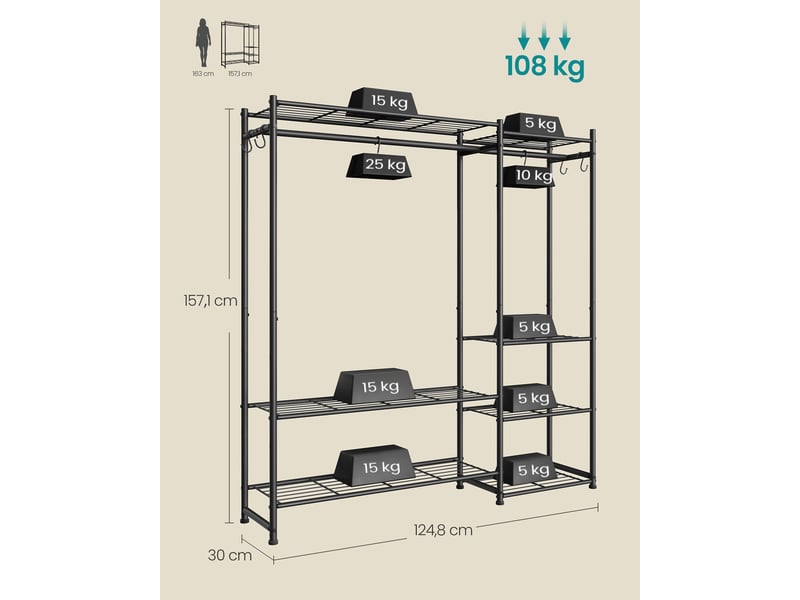  Portant à vêtements ouvert avec 7 étagères 30 x 124,8 x 157,1 cm pratique moderne pour chambre salon entrée en acier noir 12_0012509  - Conforama B