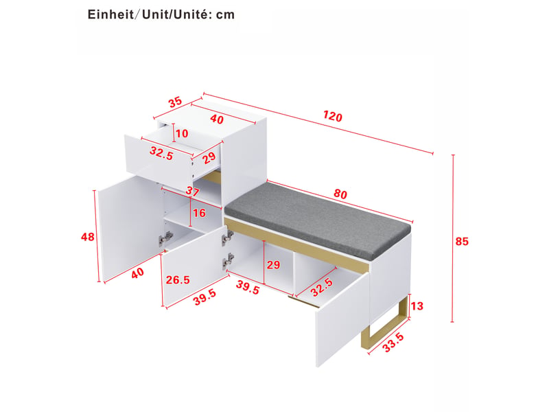 Meuble à chaussures brillant avec portes, banc rembourré, tiroir et étagères, pour entrée, en mdf, blanc, 120 × 35 × 85 cm - Conforama E