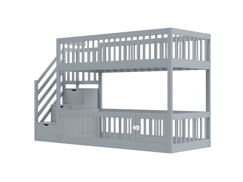Lit superposé avec escalier sécurisé et rangements, bois gris, 90x200 cm, tiroirs intégrés - Conforama E