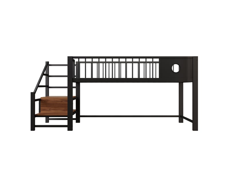 Lit mezzanine 90 x 200 cm, avec échelle de rangement, structure métallique robuste, noir - Conforama E