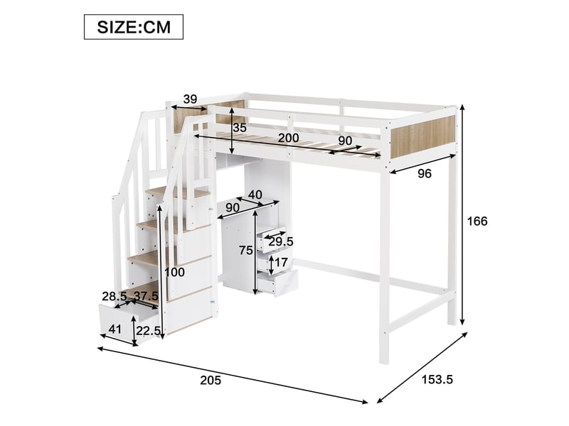 Lit mezzanine enfant 90x200 cm avec bureau et rangements, blanc et naturel - Conforama E