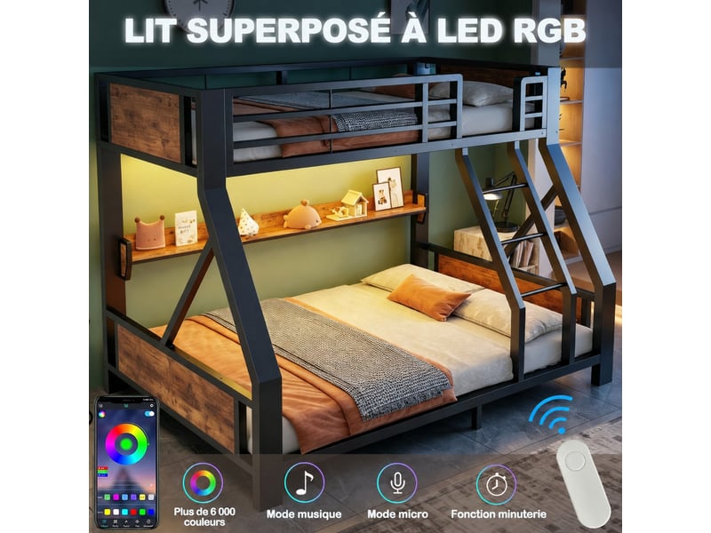  Lit superposé 90x200 et 140x200 cm avec rangement et led, métal et bois noir, pour chambre d'adolescent  - Conforama B