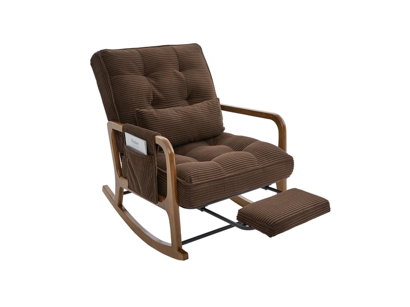 Fauteuil à bascule avec repose-pieds, dossier réglable et poche latérale en velours côtelé café, 70 × 80 × 92 cm - Conforama A