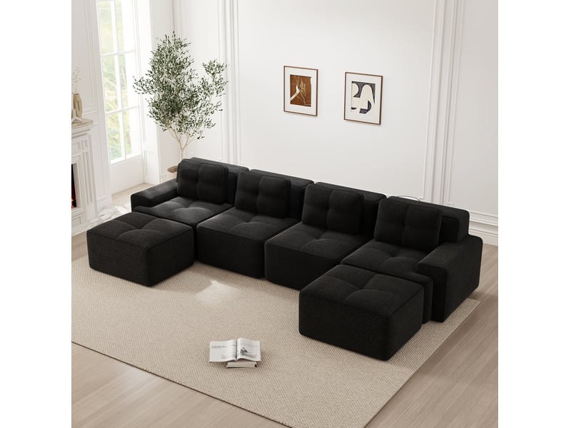 Canapé modulable en u 4 places avec assise profonde, base antidérapante et sans montage, en velours côtelé noir - Conforama D