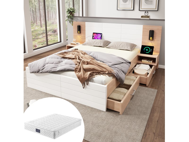  Lit avec tiroirs 140 × 200 cm 2 places, lampe orientable, usb et matelas inclus, blanc et chêne clair  - Conforama B