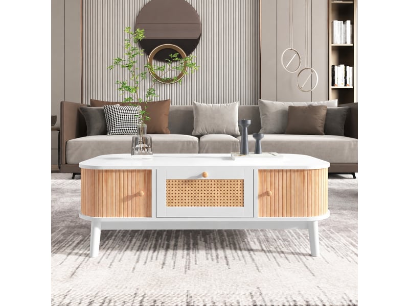  Table basse blanche et bois avec tiroir en rotin et portes coulissantes, 110 x 55 x 38,5 cm  - Conforama B