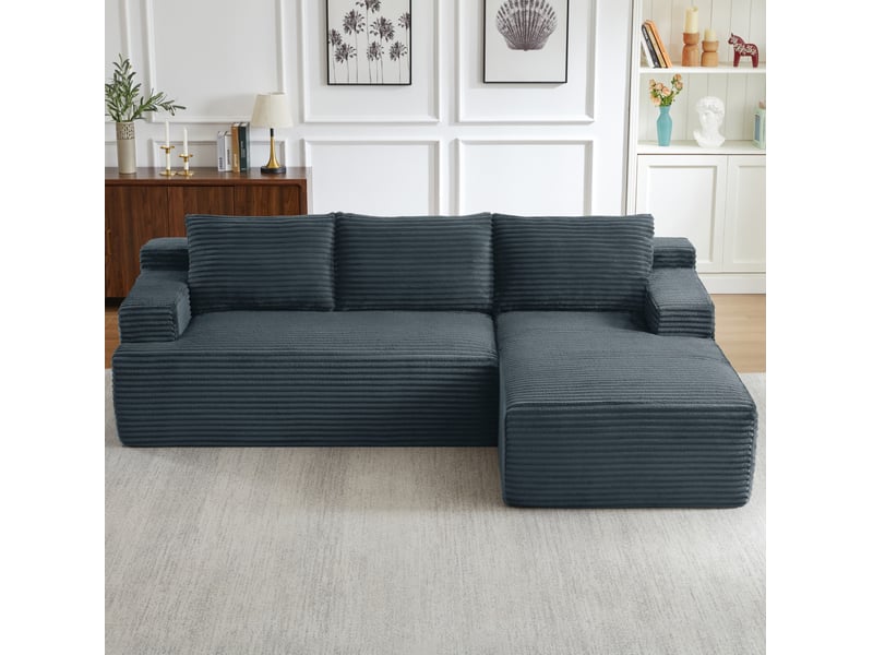  Canapé d'angle convertible 4 places en velours côtelé gris foncé, style nuage modulaire pour le salon  - Conforama B