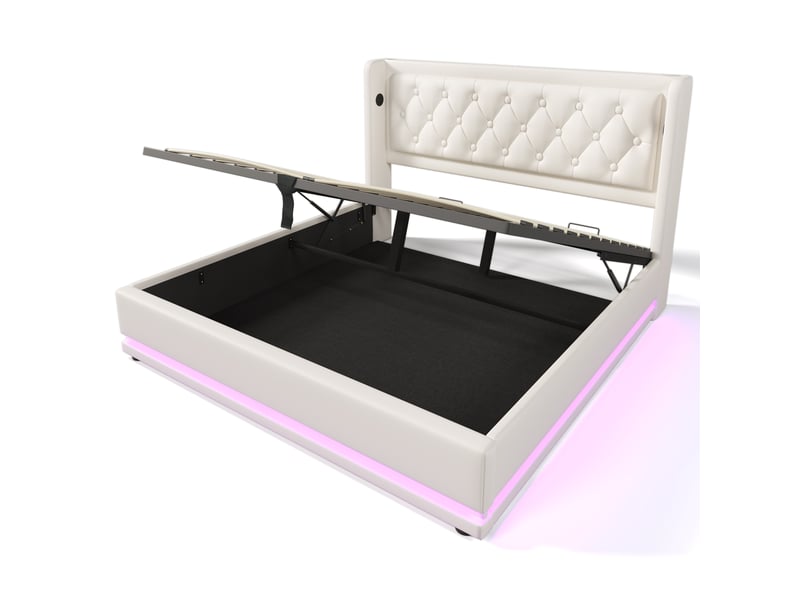 Lit adulte 160x200cm, lit double, lit coffre avec led, usb, type c, tête de lit et sommier, rangement, pu blanc, sans matelas - Conforama R