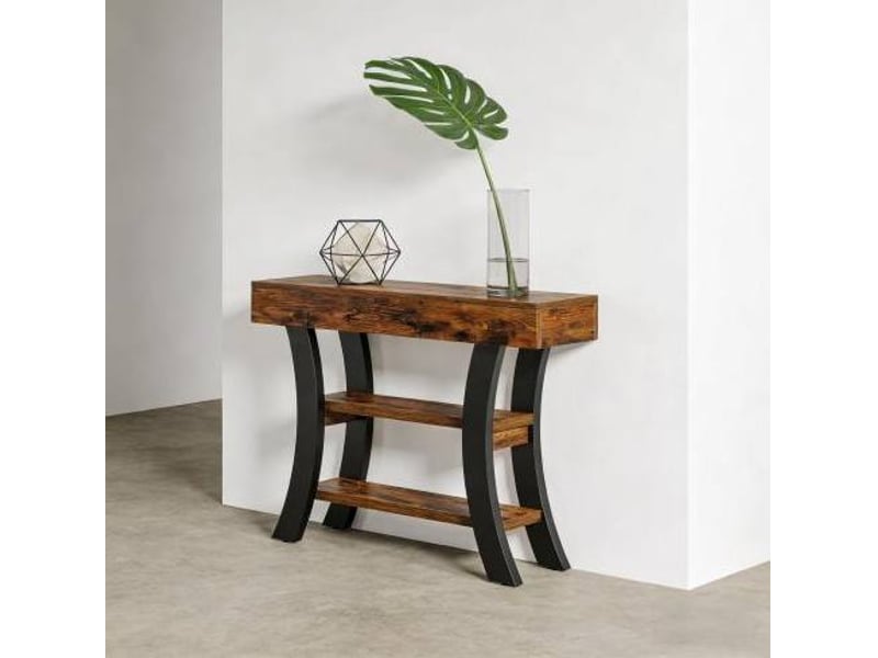  Table console 105x30x80 cm trois surfaces de rangement mdf et métal noir et marron rustique  - Conforama D