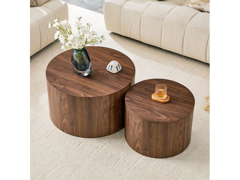  Tables basses gigognes 2 pièces ø 62.8 cm h 35 cm et ø 44 cm h 26 cm avec rangement en mdf coloris noyer  - Conforama C