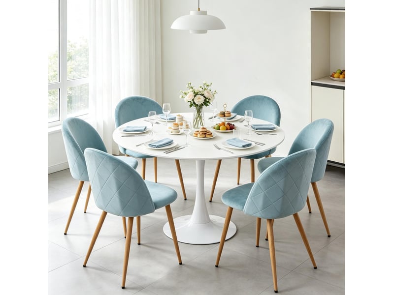  Lot de 6 chaises de salle à manger à dossier incurvé en velours bleu canard  - Conforama C