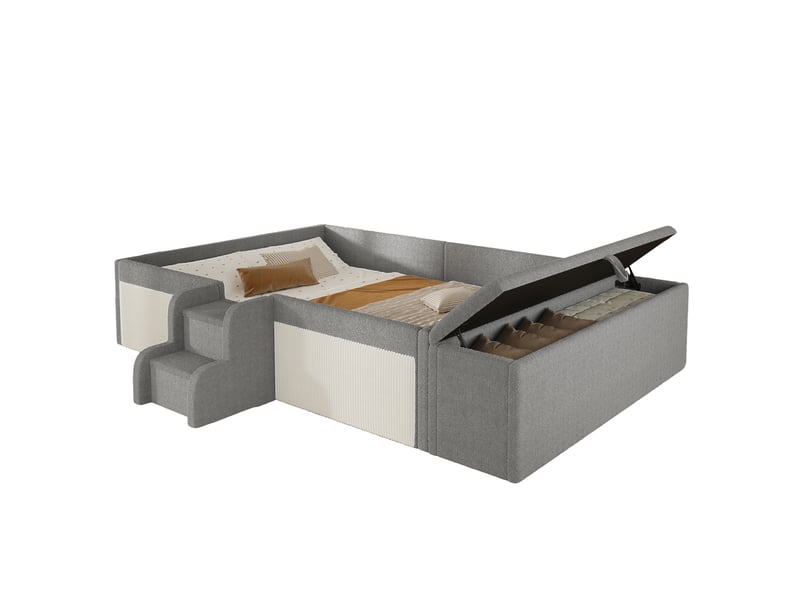  Lit enfant 140x190 cm rembourré en bouclé gris, avec petite échelle, banquette coffre de rangement mobile, barrières rembourrées et rangement pratique  - Conforama A