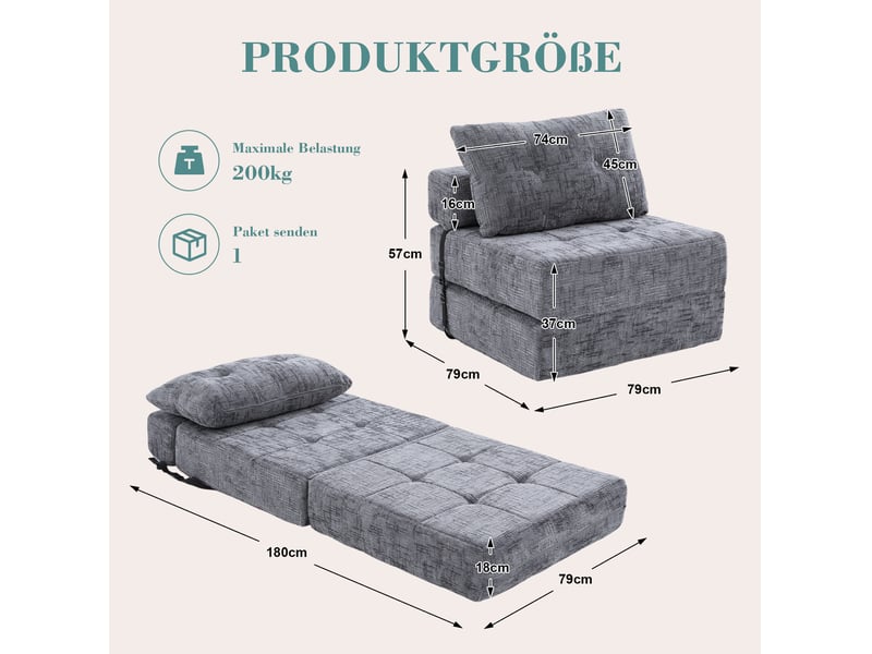  Canapé droit 79x79x57 cm, coussin, canapé simple, pour salon, chambre et bureau, confort doux, tissu chenille, gris  - Conforama C