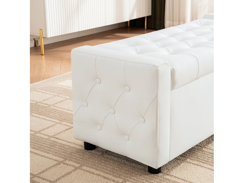 Banc de rangement 122x45x47 cm blanc en simili cuir pu, assise capitonnée, coffre intégré pour chambre  - Conforama E