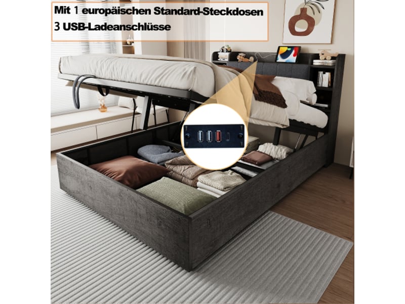  Lit en bois 180x200 cm avec tête de lit de rangement, lit hydraulique, ports usb et usb-c, gris, sans matelas  - Conforama E