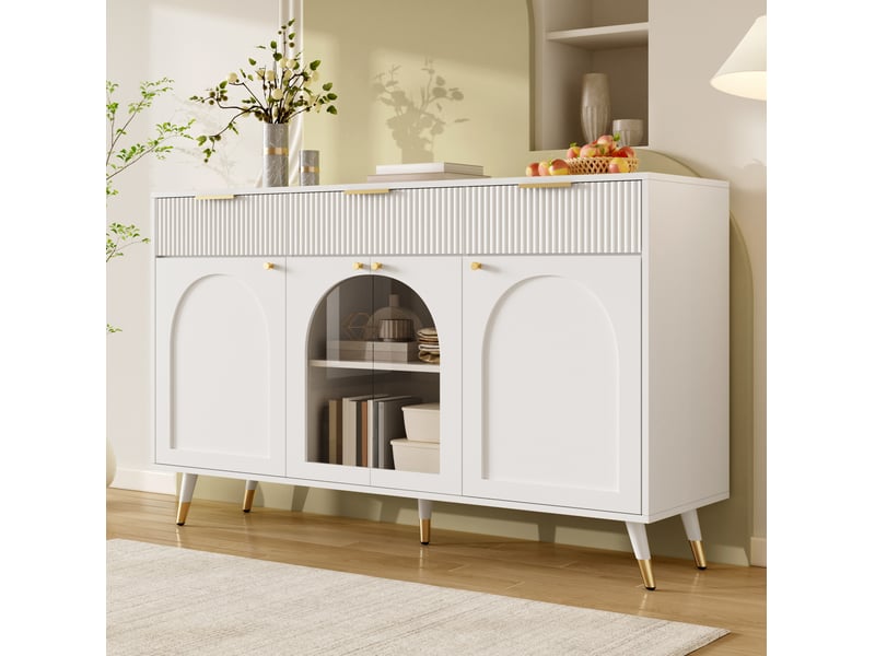  Buffet bas 140 x 40 x 85,5 cm avec 4 portes et 3 tiroirs, inserts en acrylique transparent, poignées en métal, pieds en bois, blanc  - Conforama D